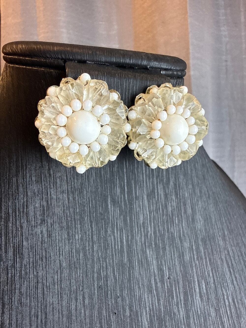 Vintage Marvella Crystal and White Beaded Clipon Earrings